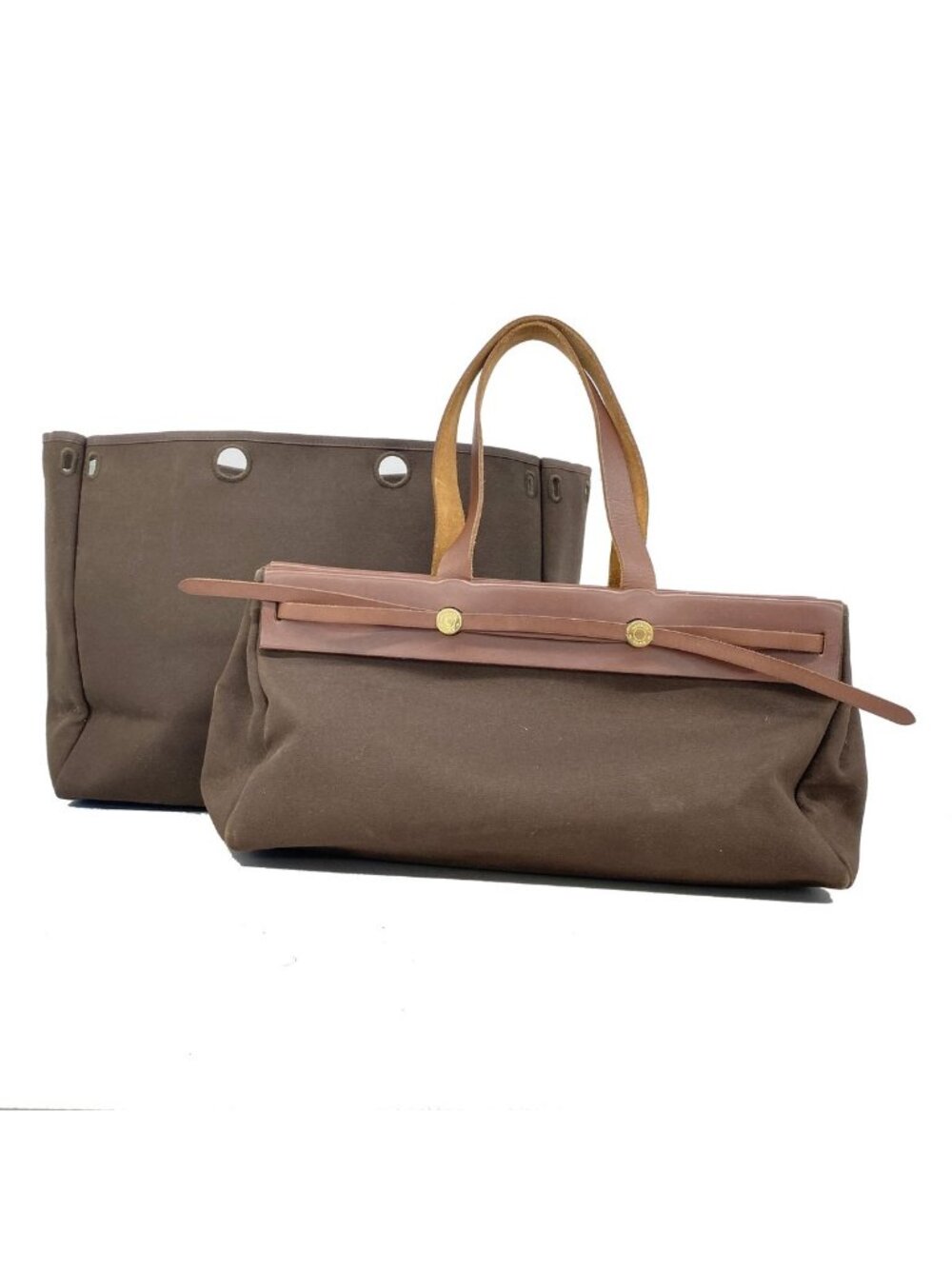 Hermes Tote Bag Herbag Cabas Toile Officier Brown Gold